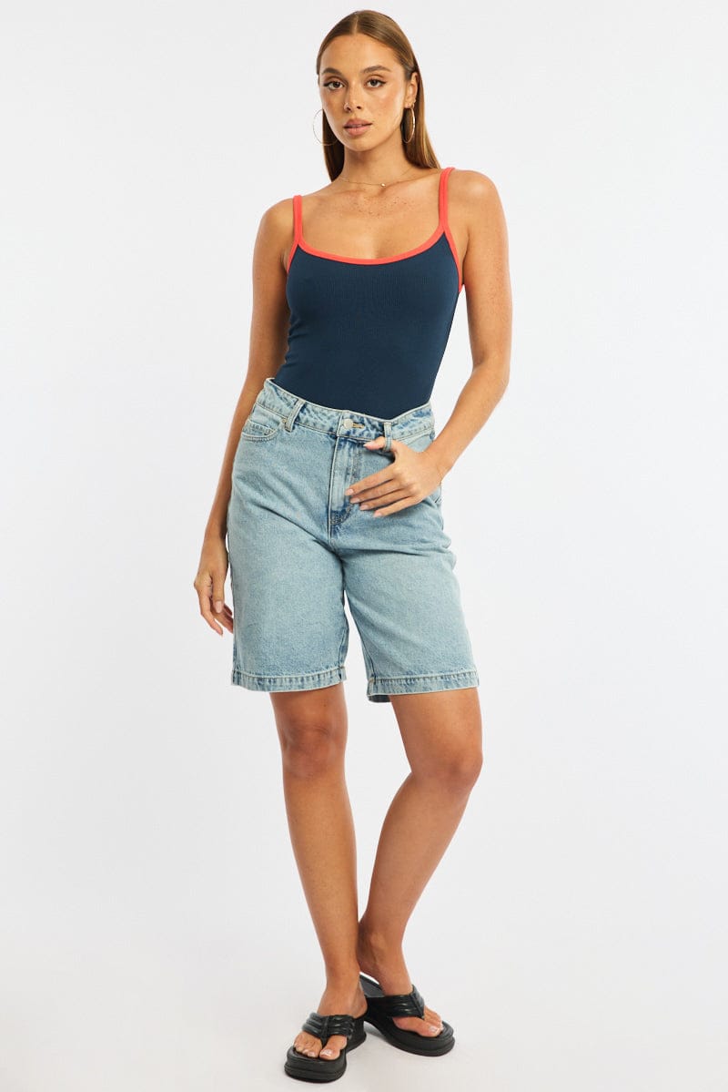 Blue Tank Top Sleeveless Rib for Ally Fashion
