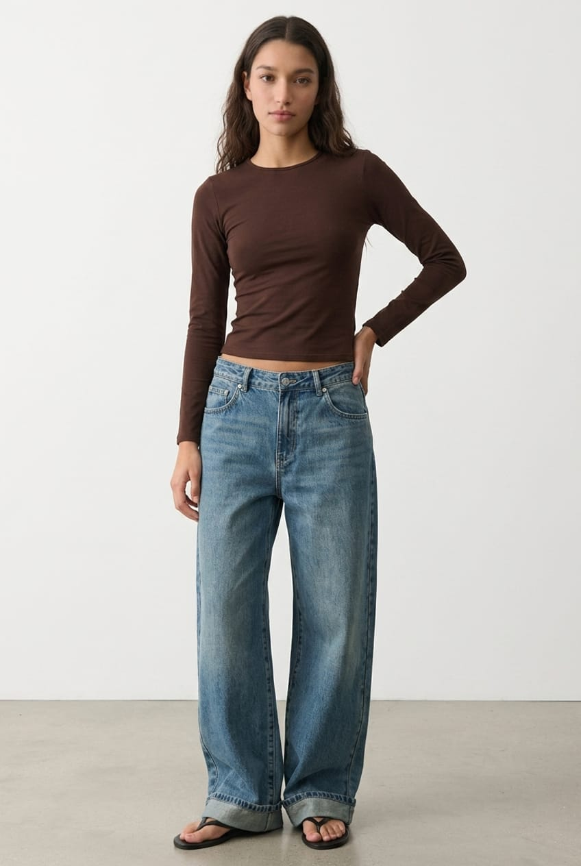 Brown Long Sleeve Supersoft Top for Ally Fashion