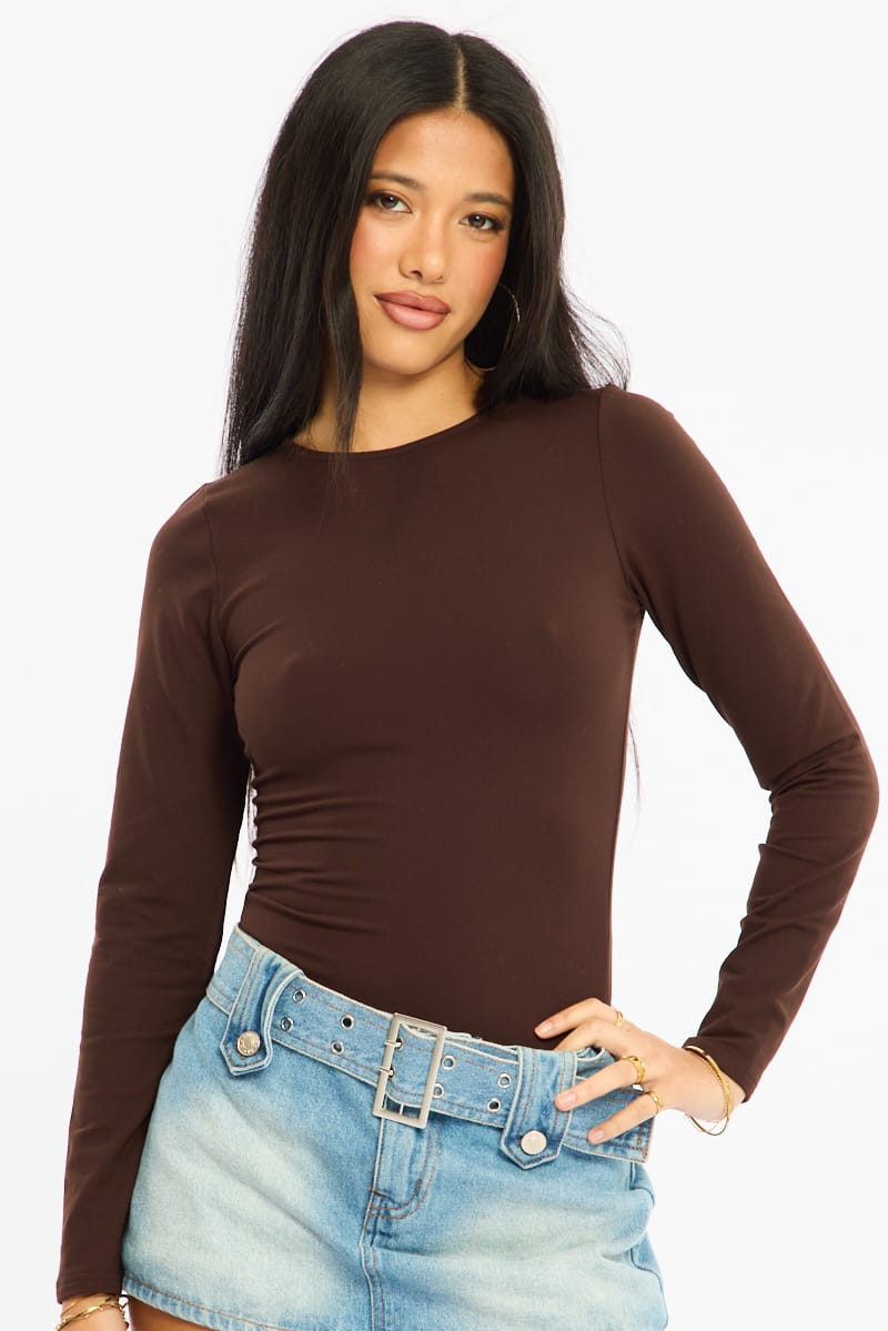 Brown Long Sleeve Supersoft Top for Ally Fashion