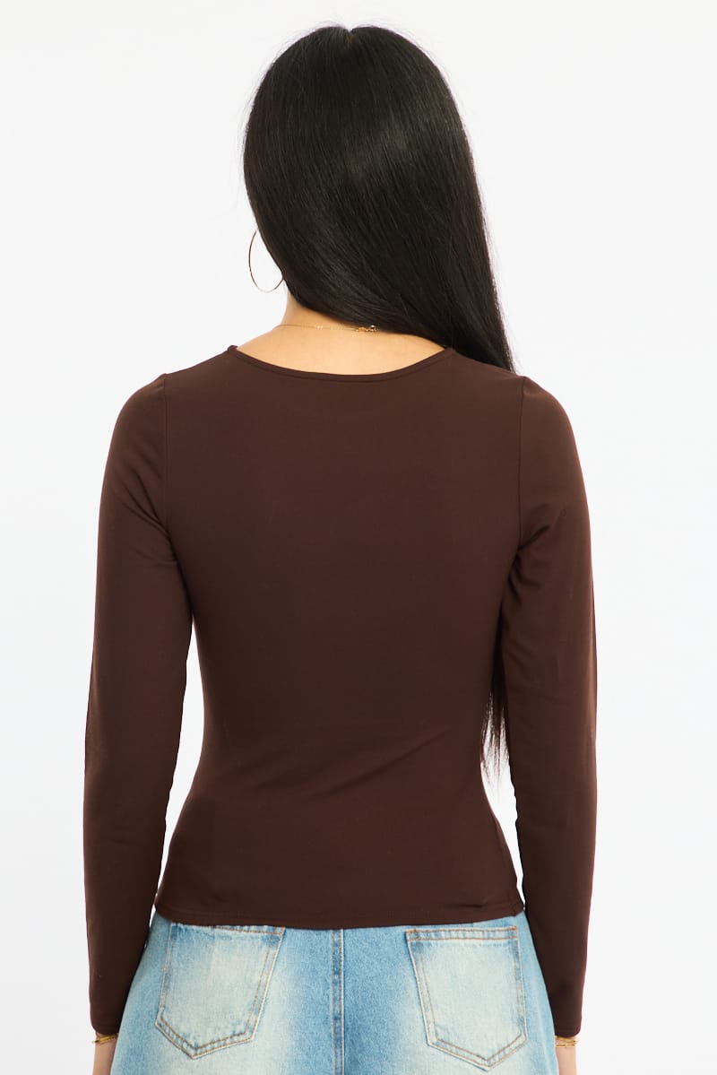 Brown Long Sleeve Supersoft Top for Ally Fashion