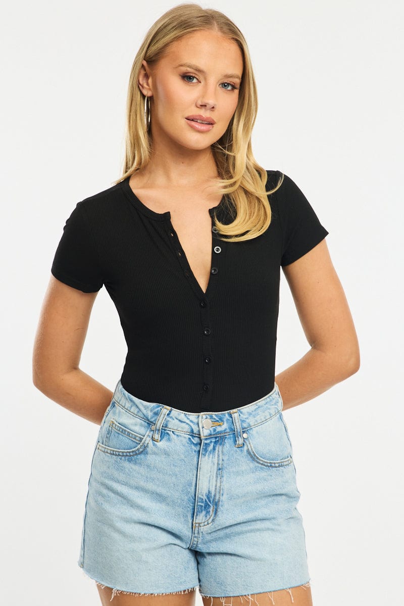 Black Bodysuit Short Sleeve Button Front Rib for Ally Fashion