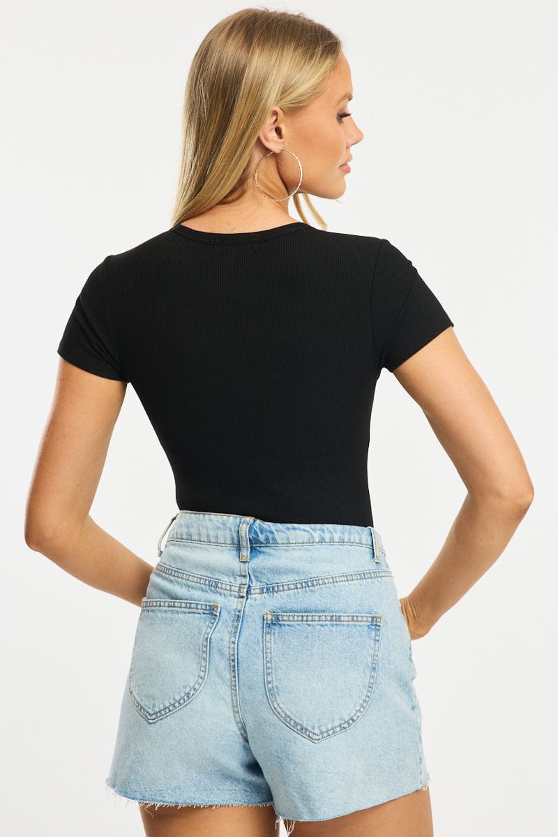 Black Bodysuit Short Sleeve Button Front Rib for Ally Fashion