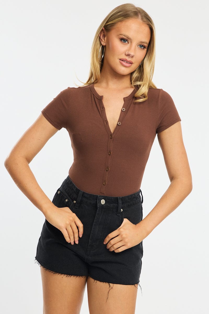 Brown Bodysuit Short Sleeve Button Front Rib for Ally Fashion