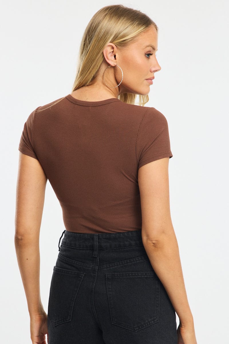 Brown Bodysuit Short Sleeve Button Front Rib for Ally Fashion
