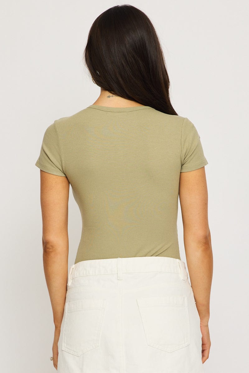 Green Bodysuit Short Sleeve Button Front Rib for Ally Fashion