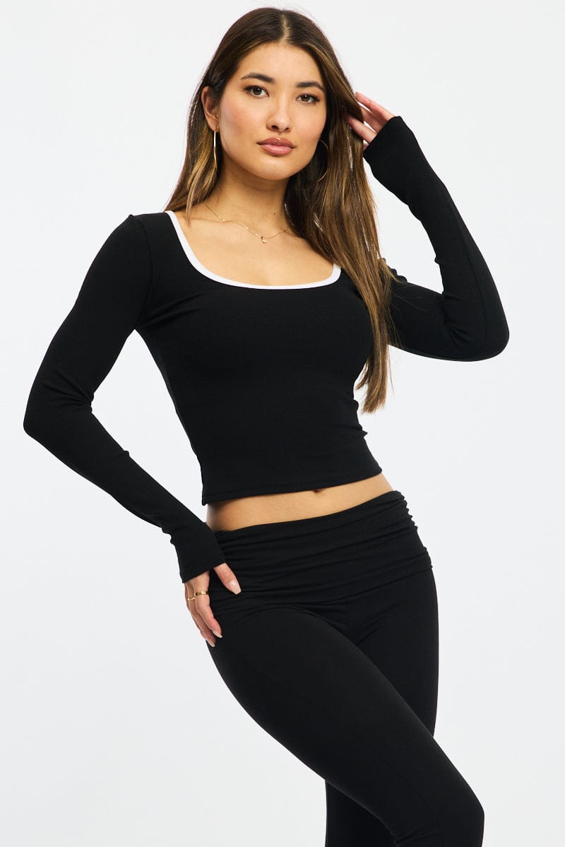 Black Binding Top Long Sleeve Rib Brushed for Ally Fashion