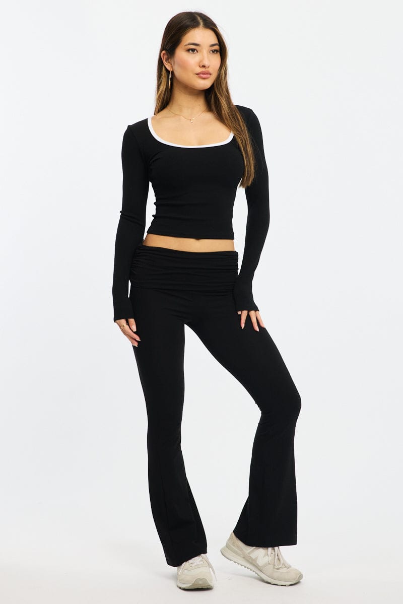 Black Binding Top Long Sleeve Rib Brushed for Ally Fashion