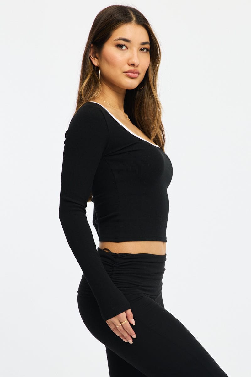 Black Binding Top Long Sleeve Rib Brushed for Ally Fashion