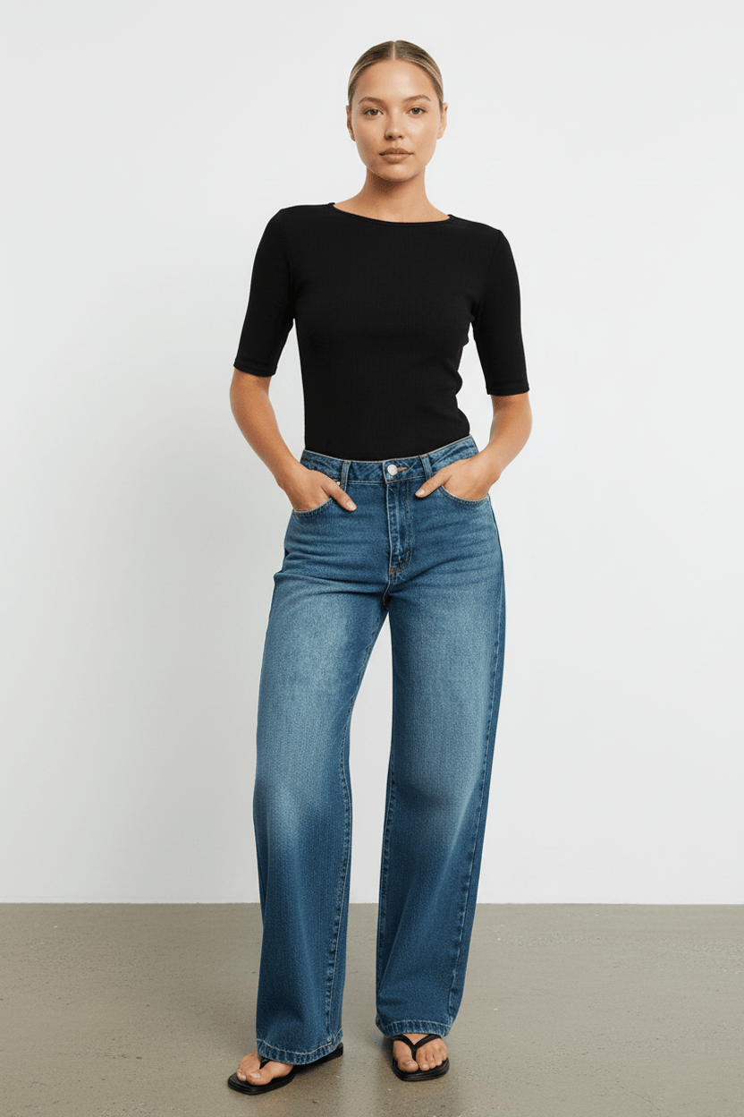 Black 3/4 Length Sleeve Rib Tshirt