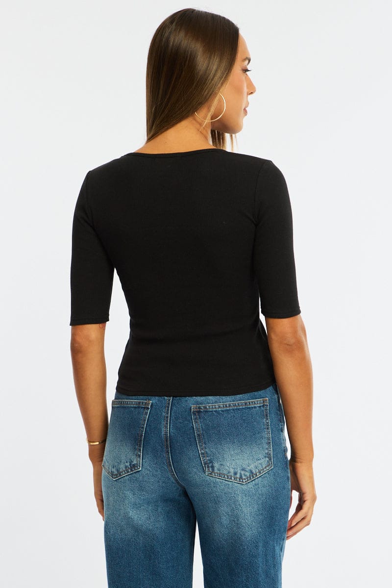 Black 3/4 Length Sleeve Rib Tshirt for Ally Fashion
