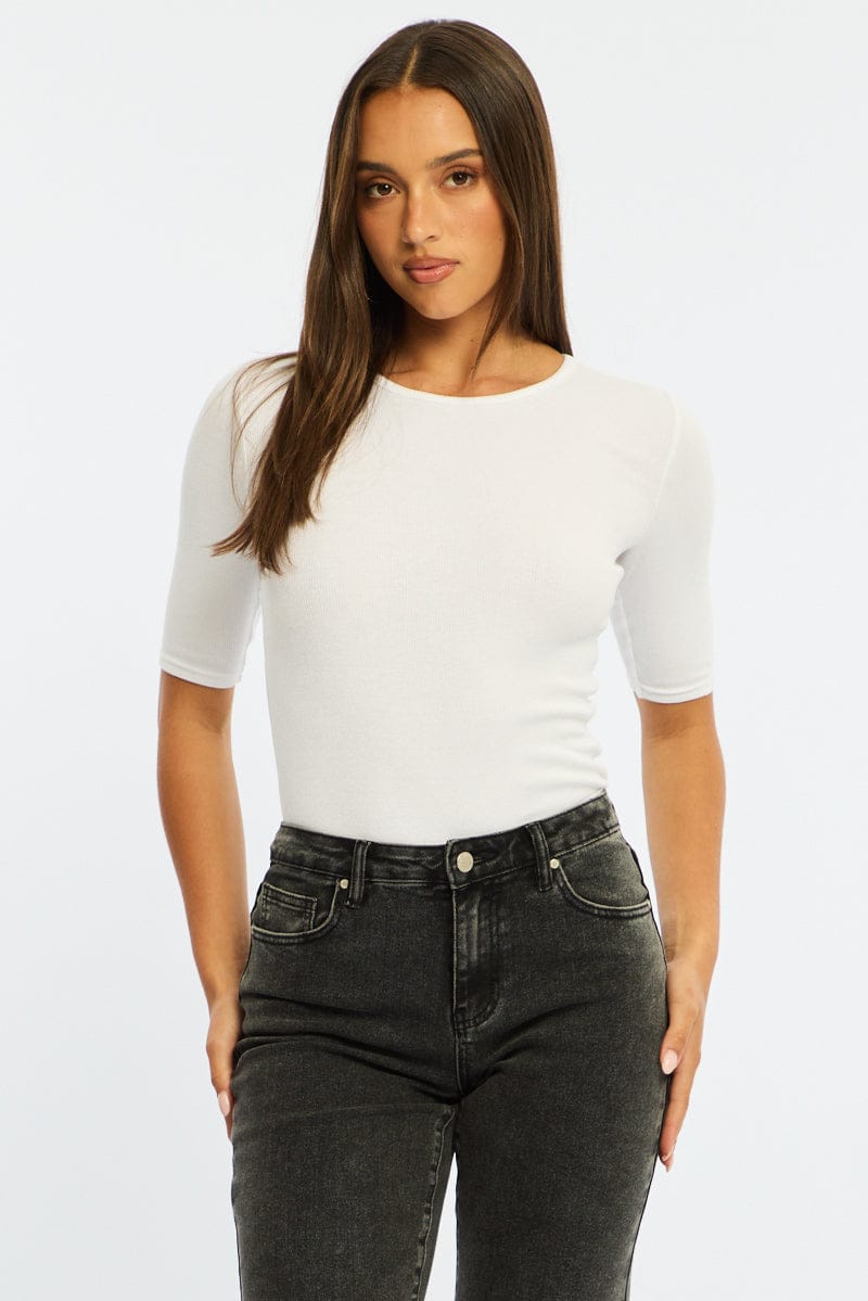 White 3/4 Length Sleeve Rib Tshirt for Ally Fashion