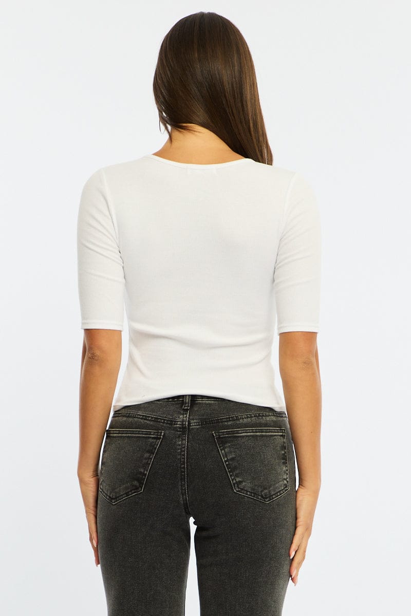 White 3/4 Length Sleeve Rib Tshirt for Ally Fashion
