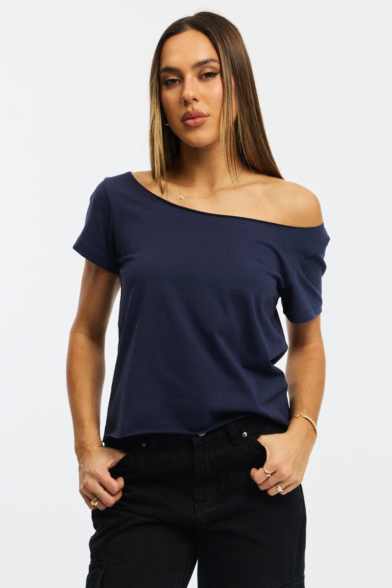 Blue Off Shoulder Tee Short Sleeve for Ally Fashion