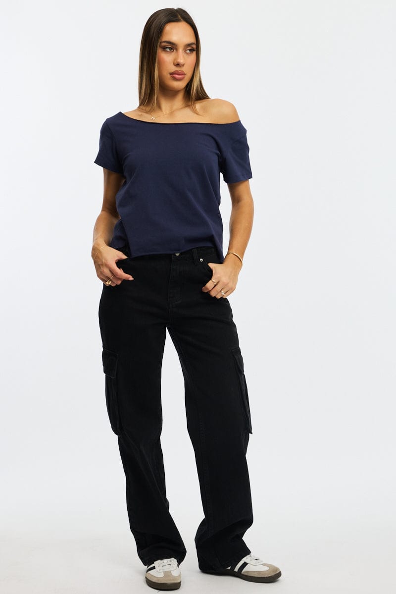 Blue Off Shoulder Tee Short Sleeve for Ally Fashion