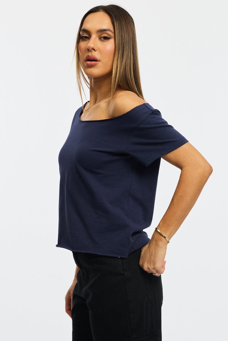 Blue Off Shoulder Tee Short Sleeve for Ally Fashion