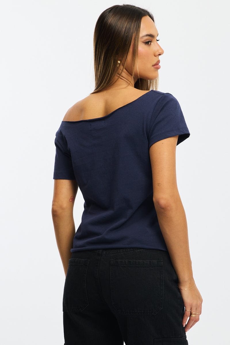 Blue Off Shoulder Tee Short Sleeve for Ally Fashion