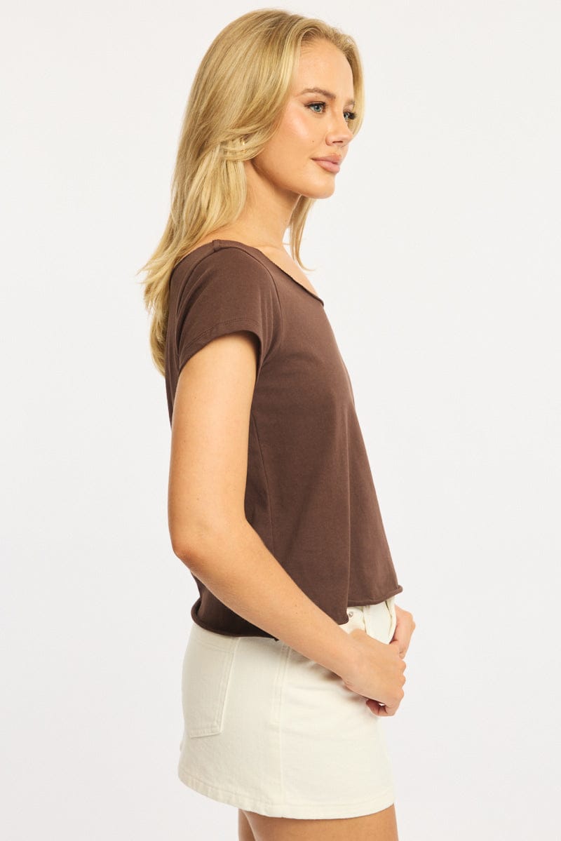 Brown Off Shoulder Tee Short Sleeve for Ally Fashion