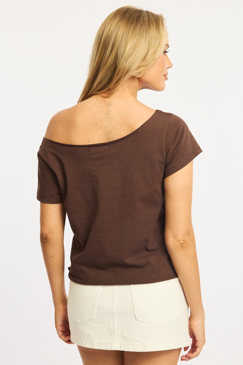 Brown Off Shoulder Tee Short Sleeve for Ally Fashion