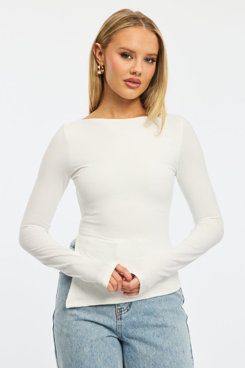 White Top Long Sleeve Boat Neck Side Split for Ally Fashion