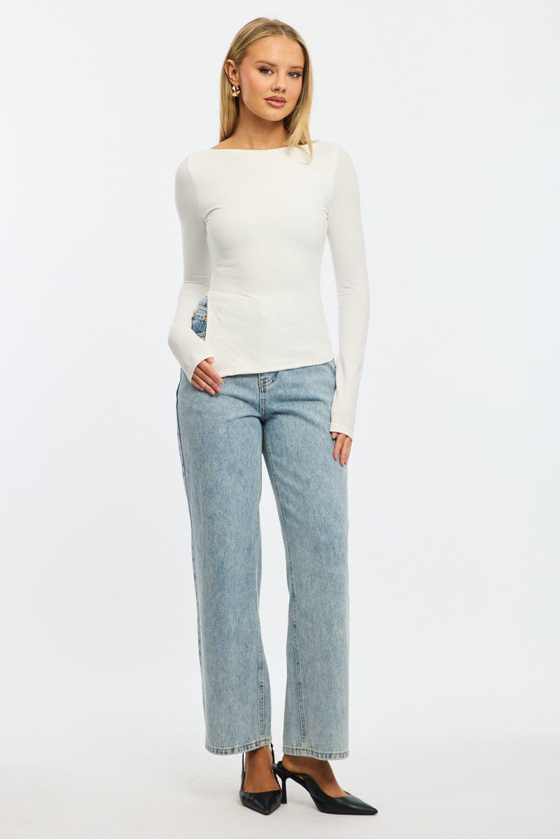 White Top Long Sleeve Boat Neck Side Split for Ally Fashion