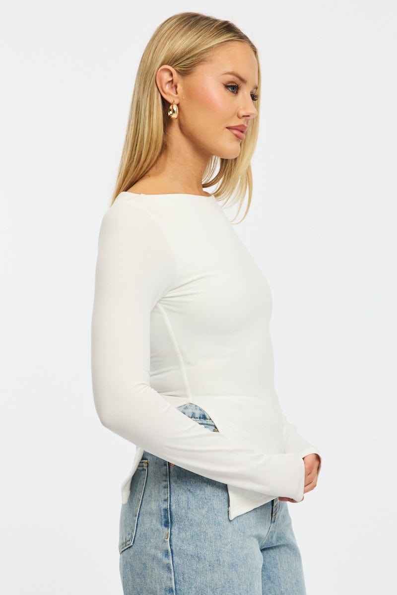 White Top Long Sleeve Boat Neck Side Split for Ally Fashion