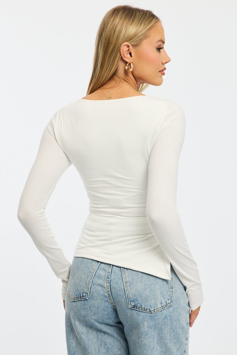 White Top Long Sleeve Boat Neck Side Split for Ally Fashion
