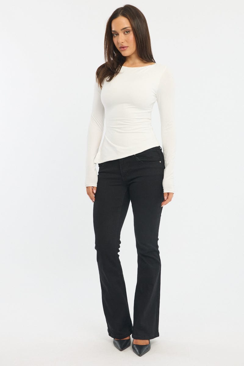 White Boat Neck Top Long Sleeve Side Split for Ally Fashion