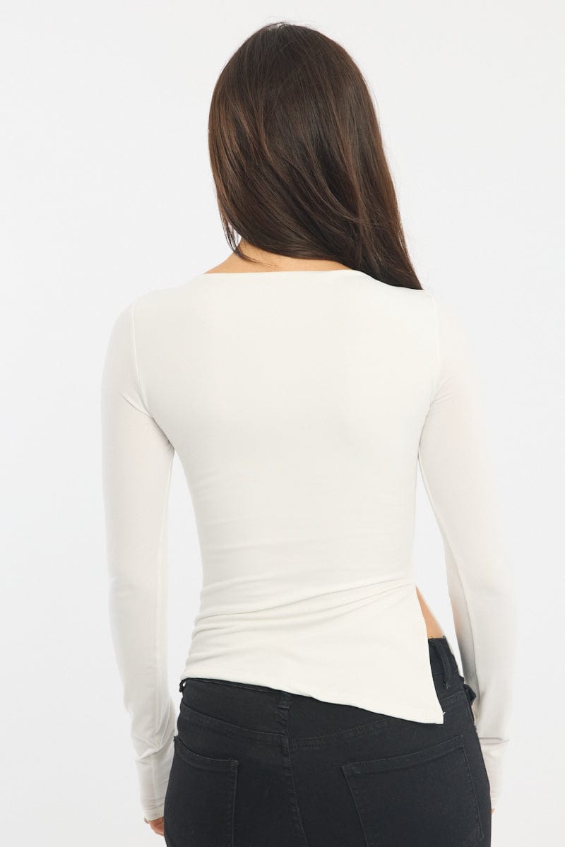 White Boat Neck Top Long Sleeve Side Split for Ally Fashion