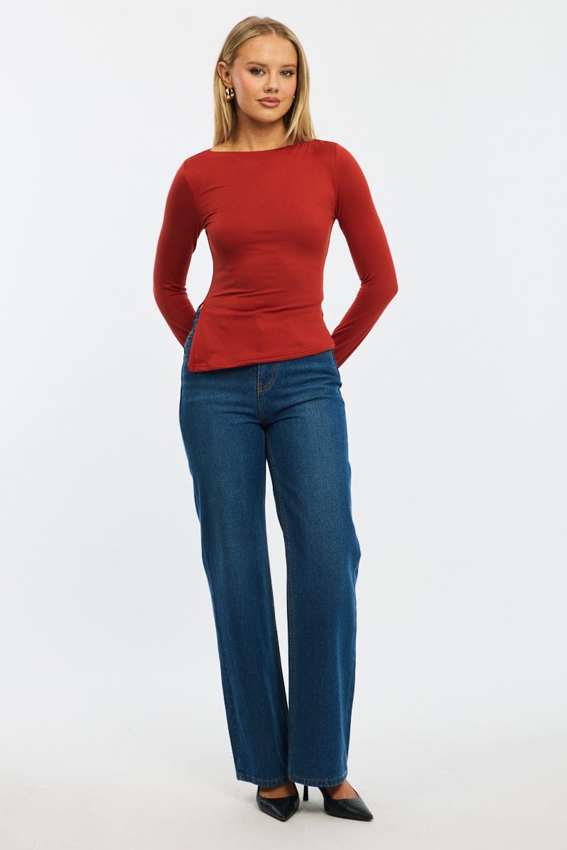 Red Boat Neck Top Long Sleeve Side Split for Ally Fashion