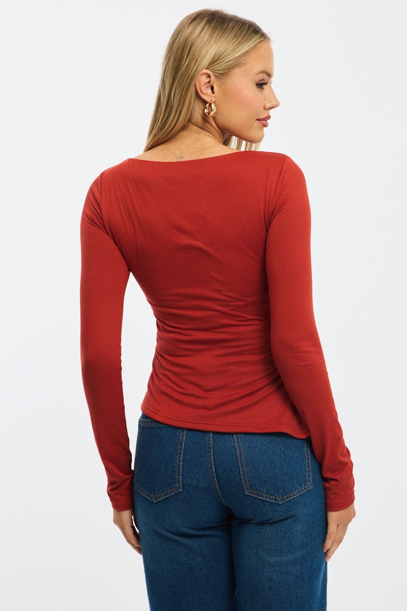 Red Boat Neck Top Long Sleeve Side Split for Ally Fashion