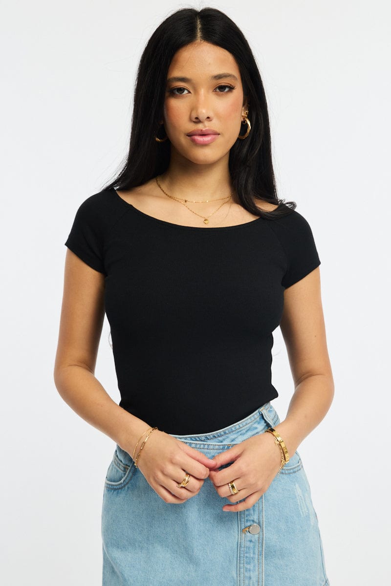 Black Off Shoulder Top Rib for Ally Fashion