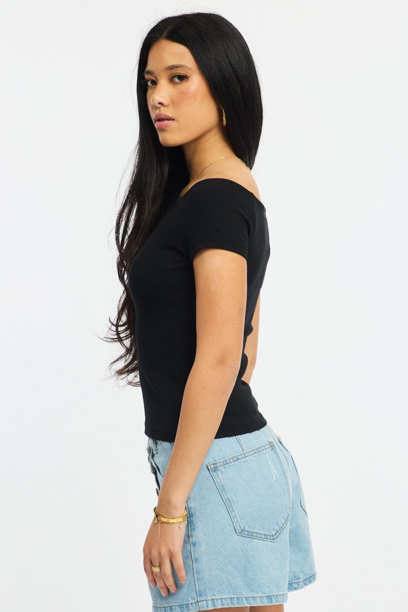 Black Off Shoulder Top Rib for Ally Fashion