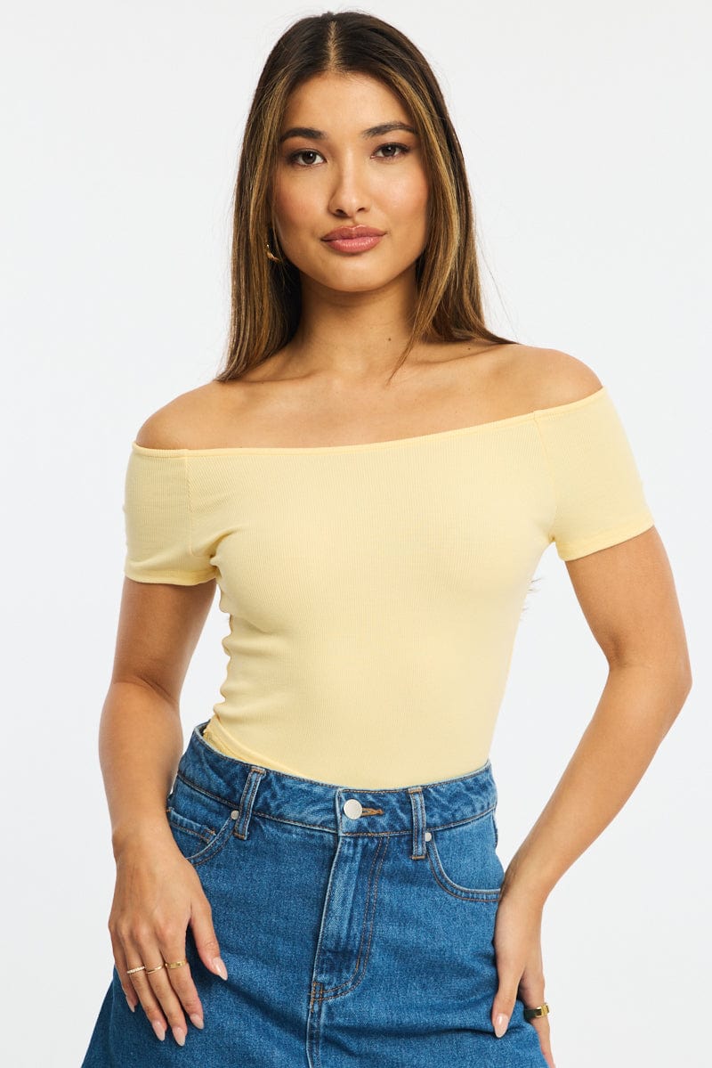 Yellow Off Shoulder Top Rib for Ally Fashion