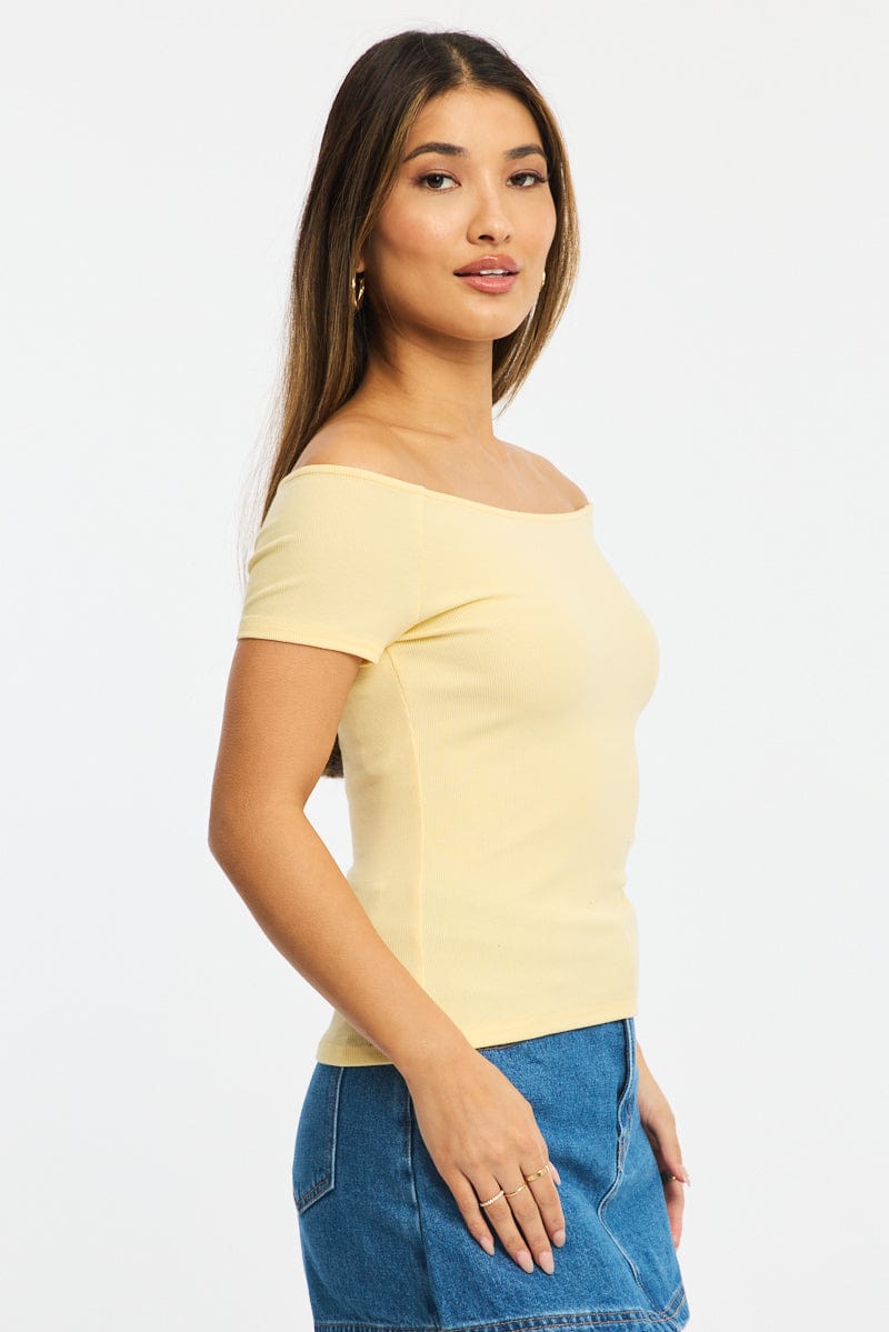Yellow Off Shoulder Top Rib for Ally Fashion