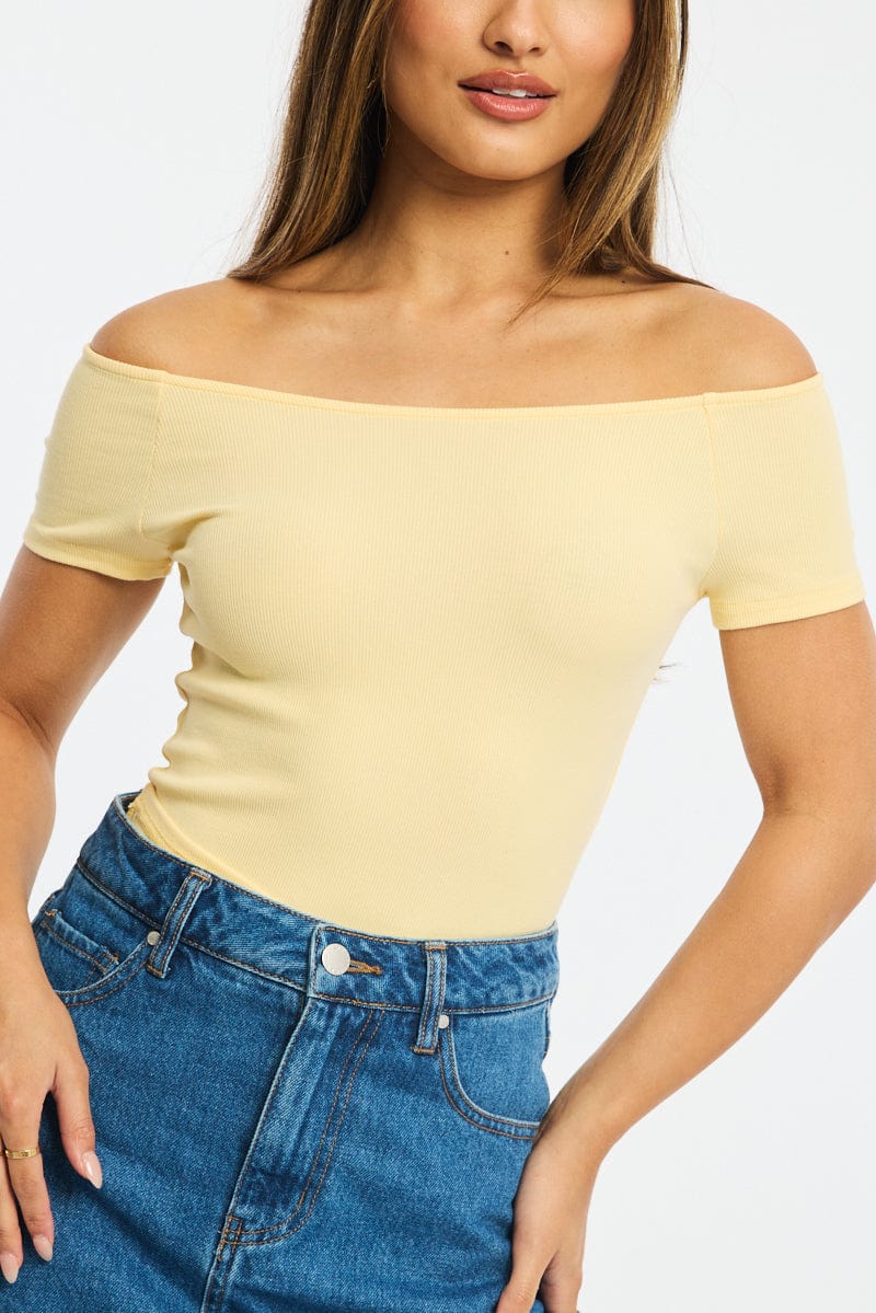 Yellow Off Shoulder Top Rib for Ally Fashion