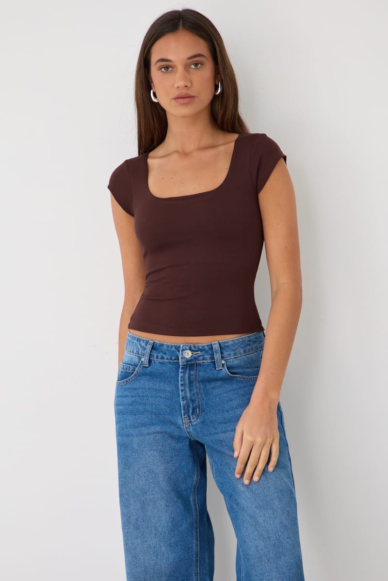 Brown Square Neck T-shirt Cap Sleeve for Ally Fashion