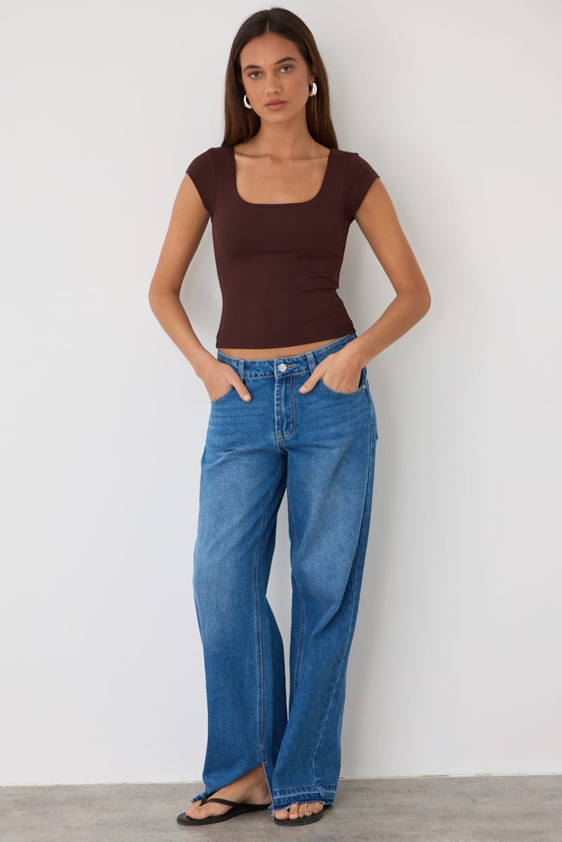 Brown Square Neck T-shirt Cap Sleeve for Ally Fashion