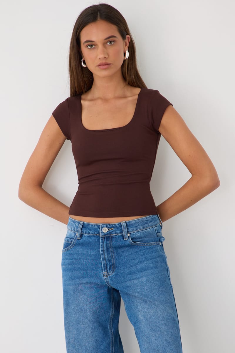 Brown Square Neck T-shirt Cap Sleeve for Ally Fashion