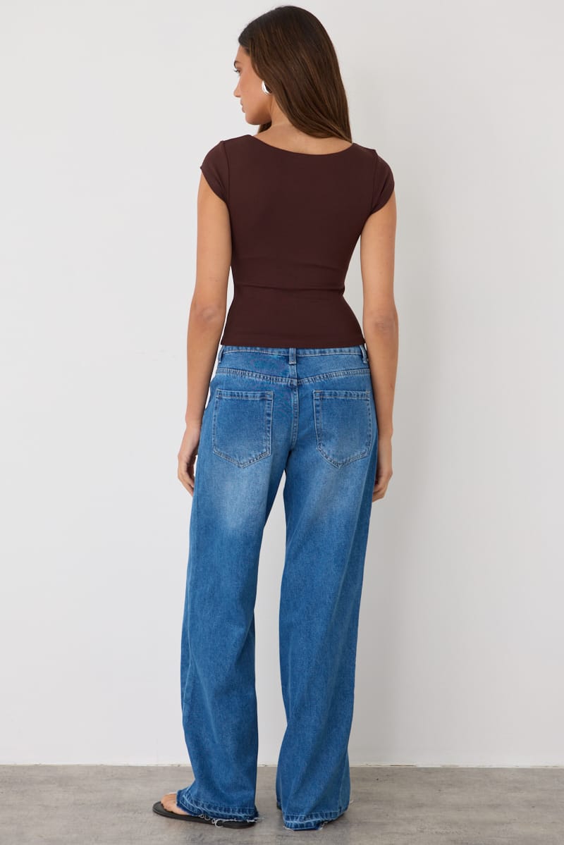 Brown Square Neck T-shirt Cap Sleeve for Ally Fashion