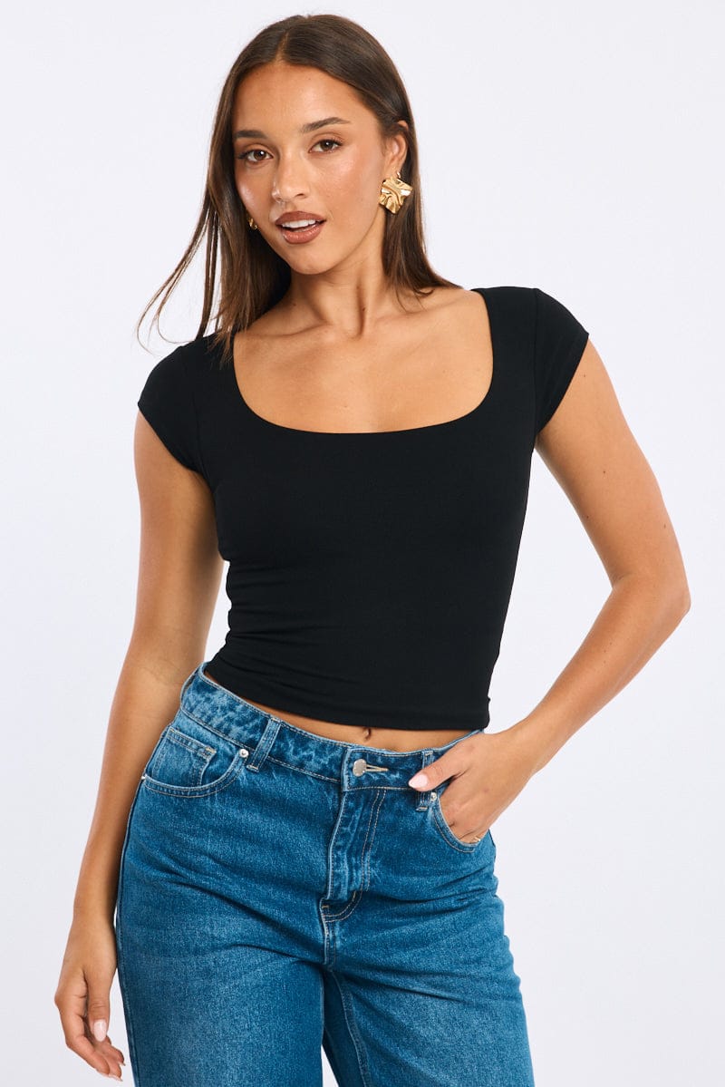 Black Square Neck T-shirt Cap Sleeve for Ally Fashion