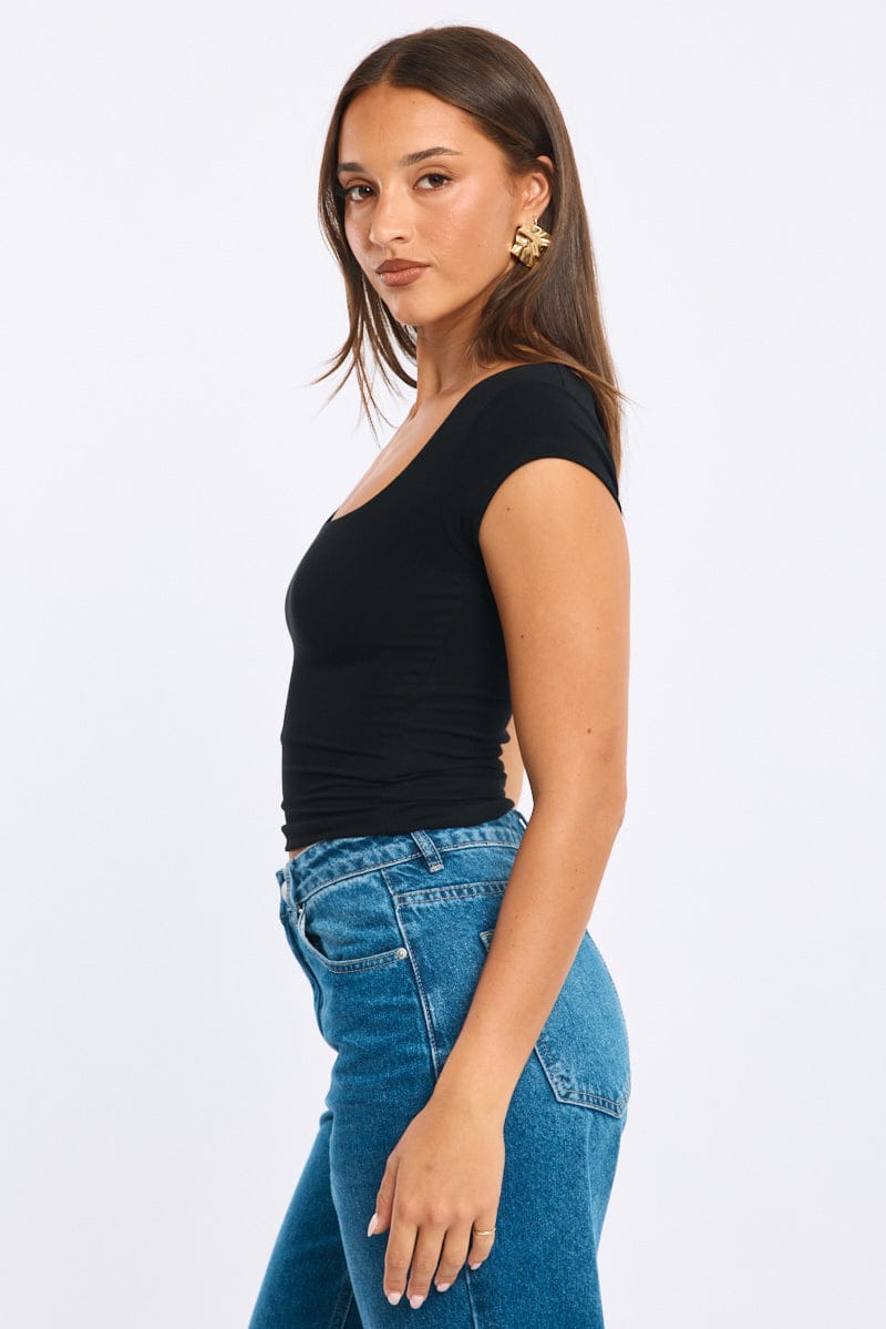 Black Square Neck T-shirt Cap Sleeve for Ally Fashion