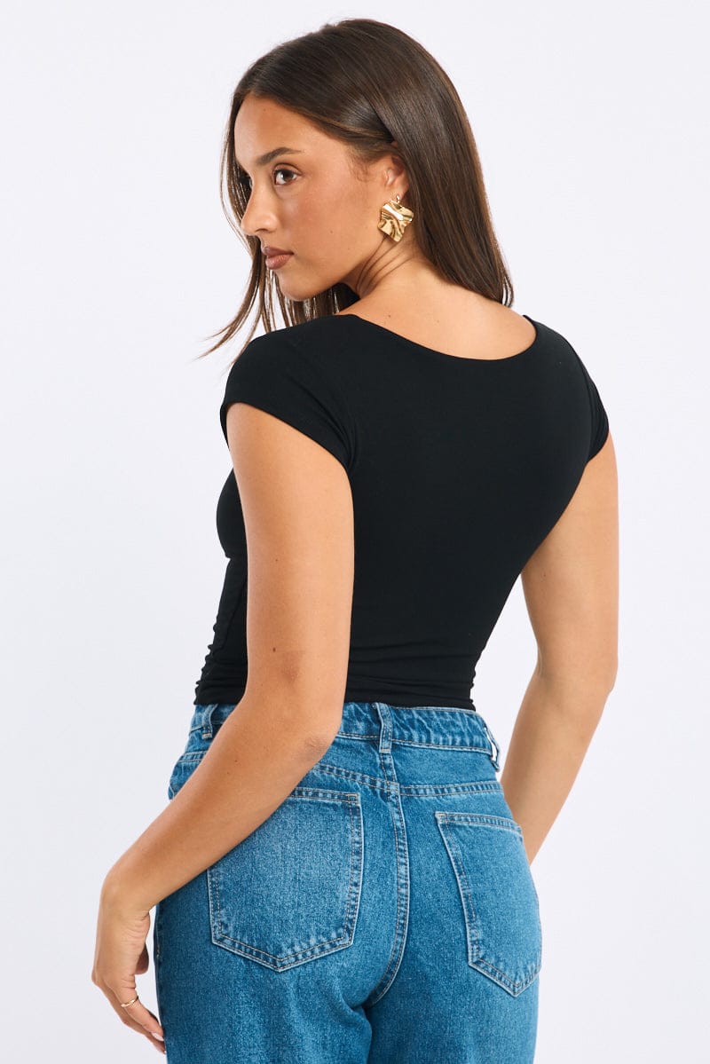 Black Square Neck T-shirt Cap Sleeve for Ally Fashion