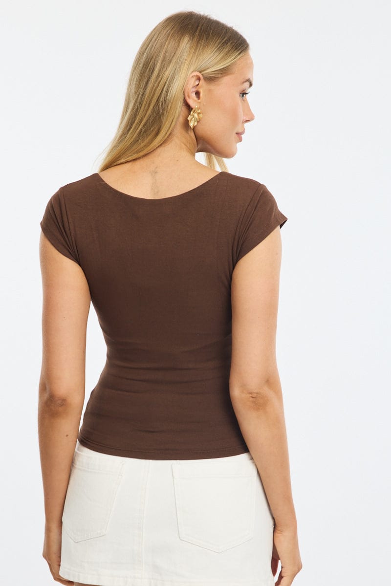 Brown Square Neck T-shirt Cap Sleeve for Ally Fashion