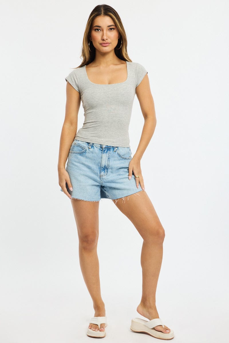 Grey Square Neck T-shirt Cap Sleeve for Ally Fashion