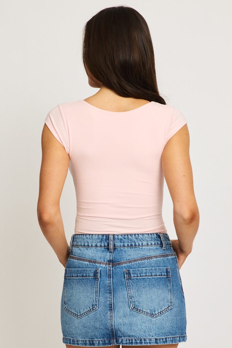 Pink Square Neck T-shirt Cap Sleeve for Ally Fashion
