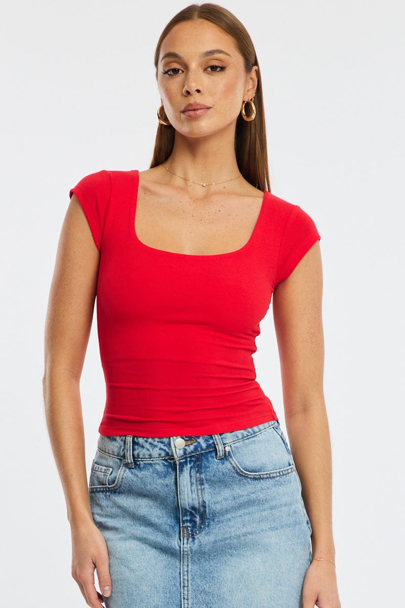 Red Square Neck T-shirt Cap Sleeve for Ally Fashion