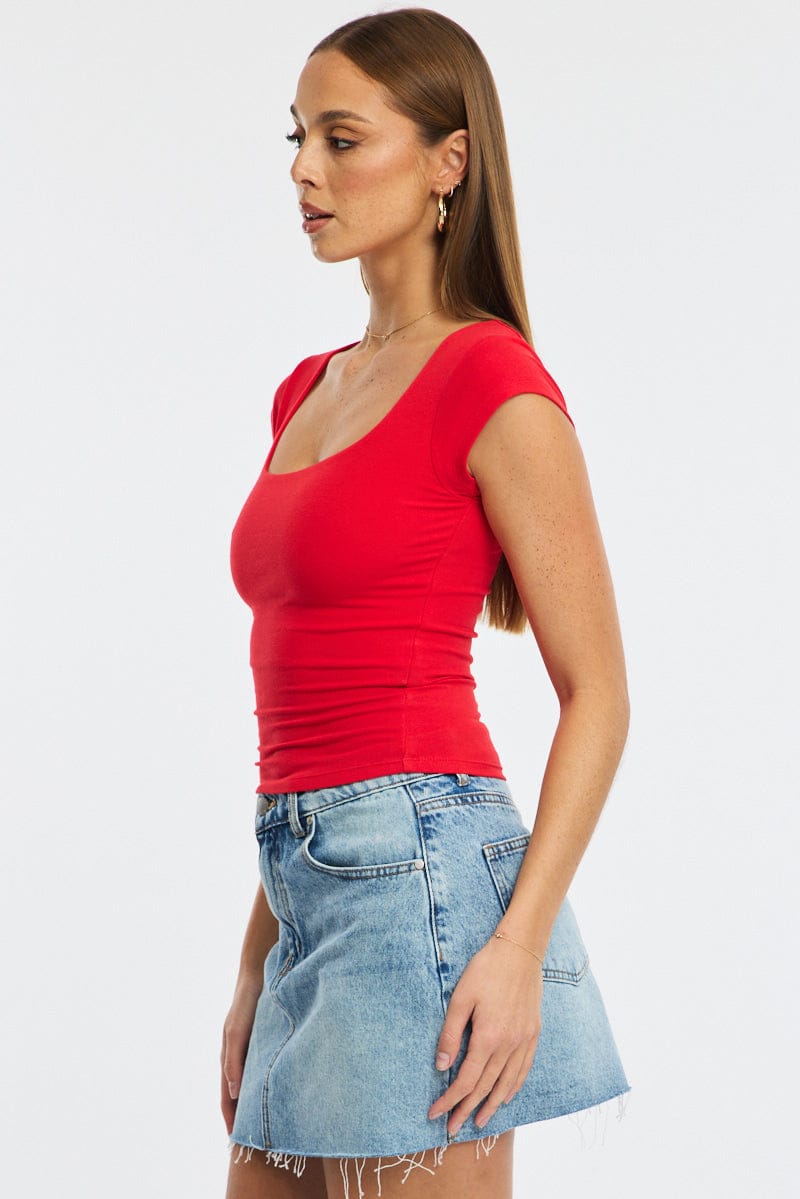 Red Square Neck T-shirt Cap Sleeve for Ally Fashion