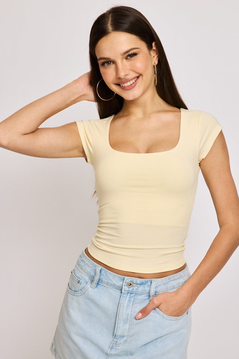 Yellow Square Neck T-shirt Cap Sleeve for Ally Fashion