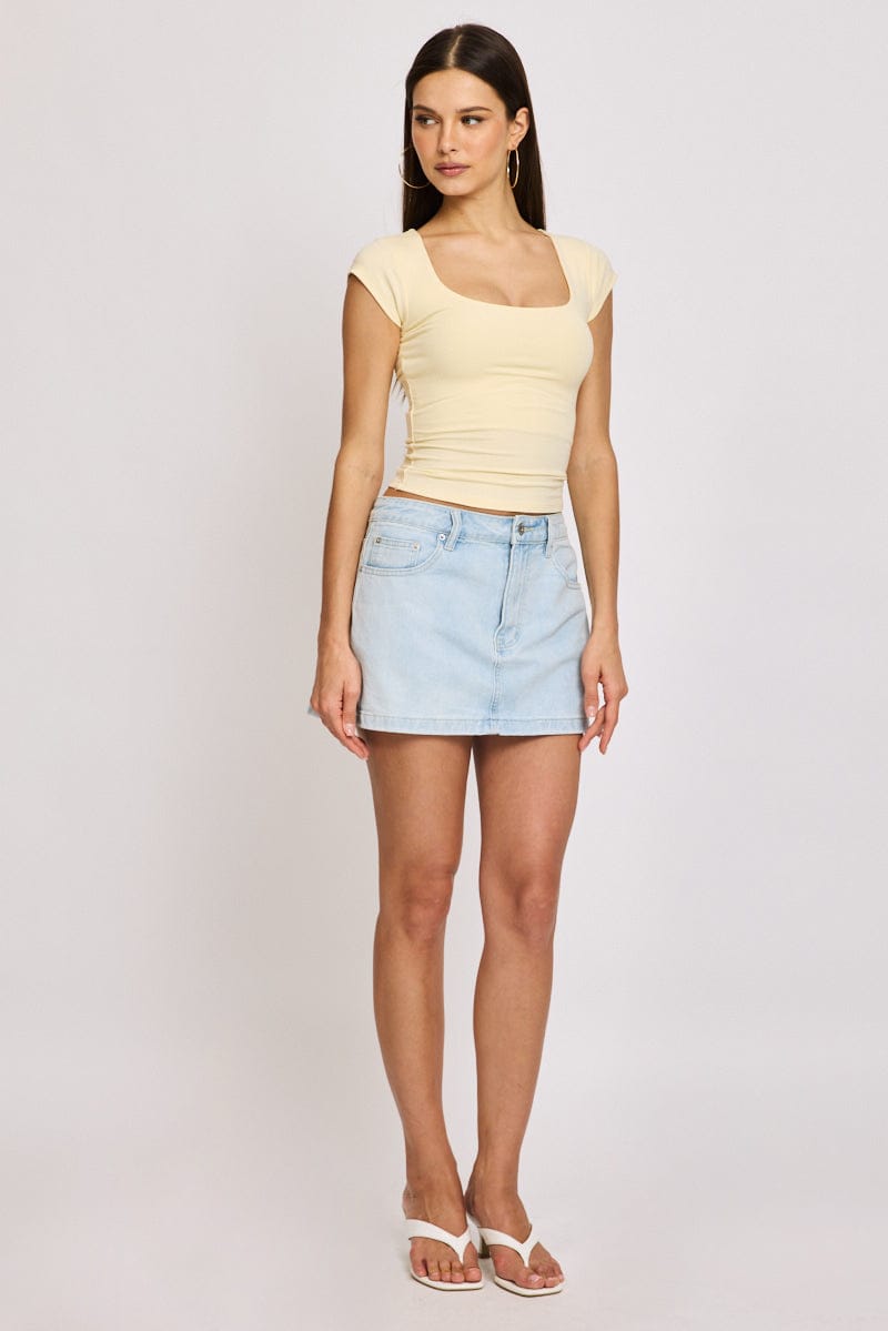 Yellow Square Neck T-shirt Cap Sleeve for Ally Fashion