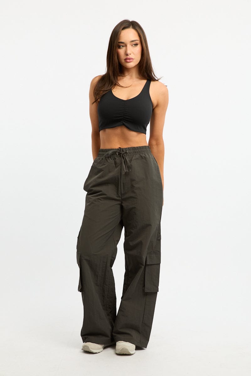 Black Bralette Top Sleeveless V-neck Ruched for Ally Fashion